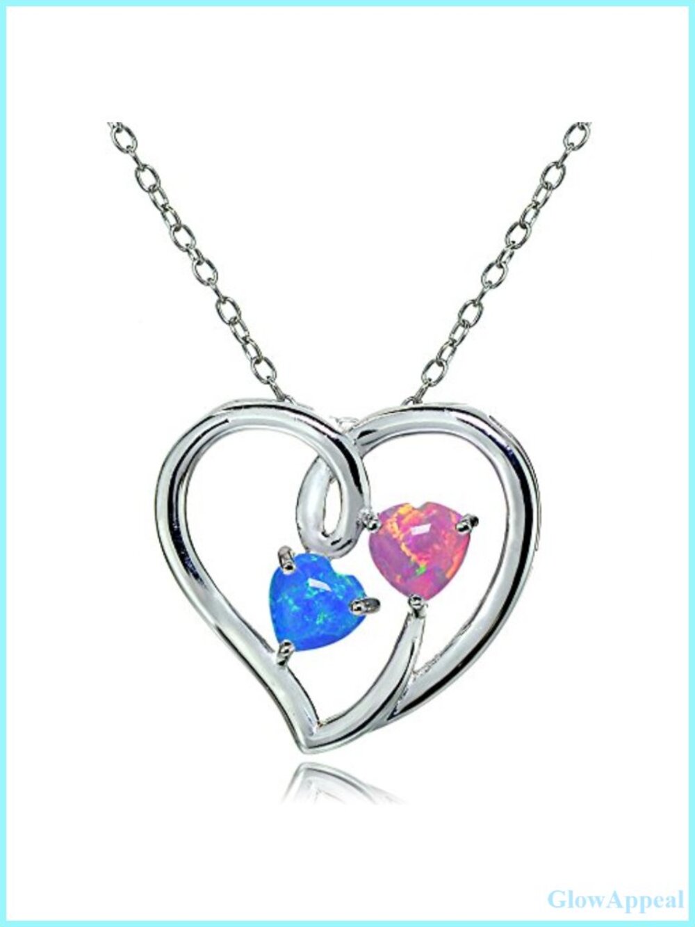 Sterling Silver Open Heart Pendant Necklace with Created Opal Stones 18 Inch
